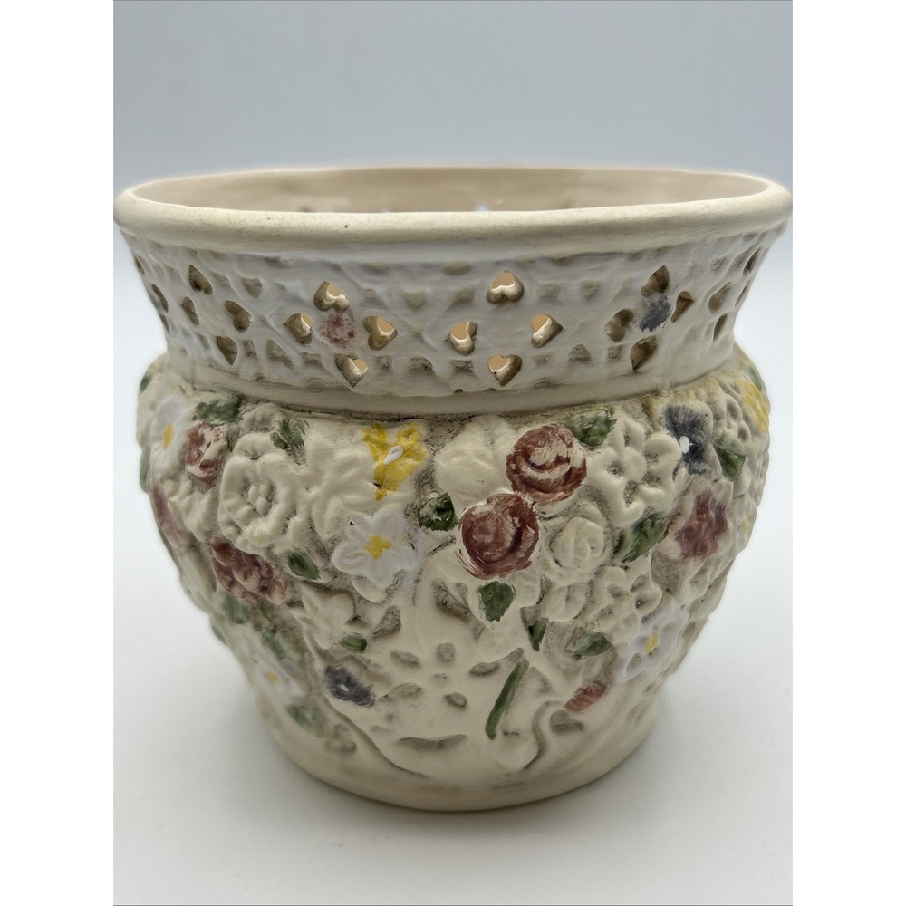 Vtg Ceramic Floral Relief Oval Planter with Openwork Rim, Bisque With Flowers